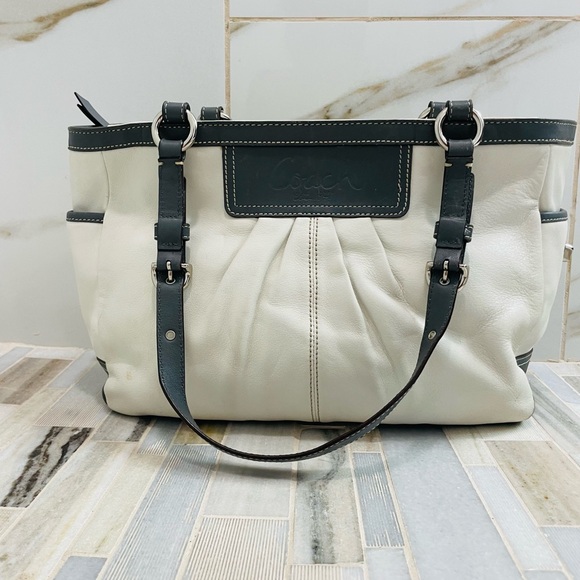 Coach Handbags - Coach White & Gray Leather East West Pleated Gallery Tote Bag F13759